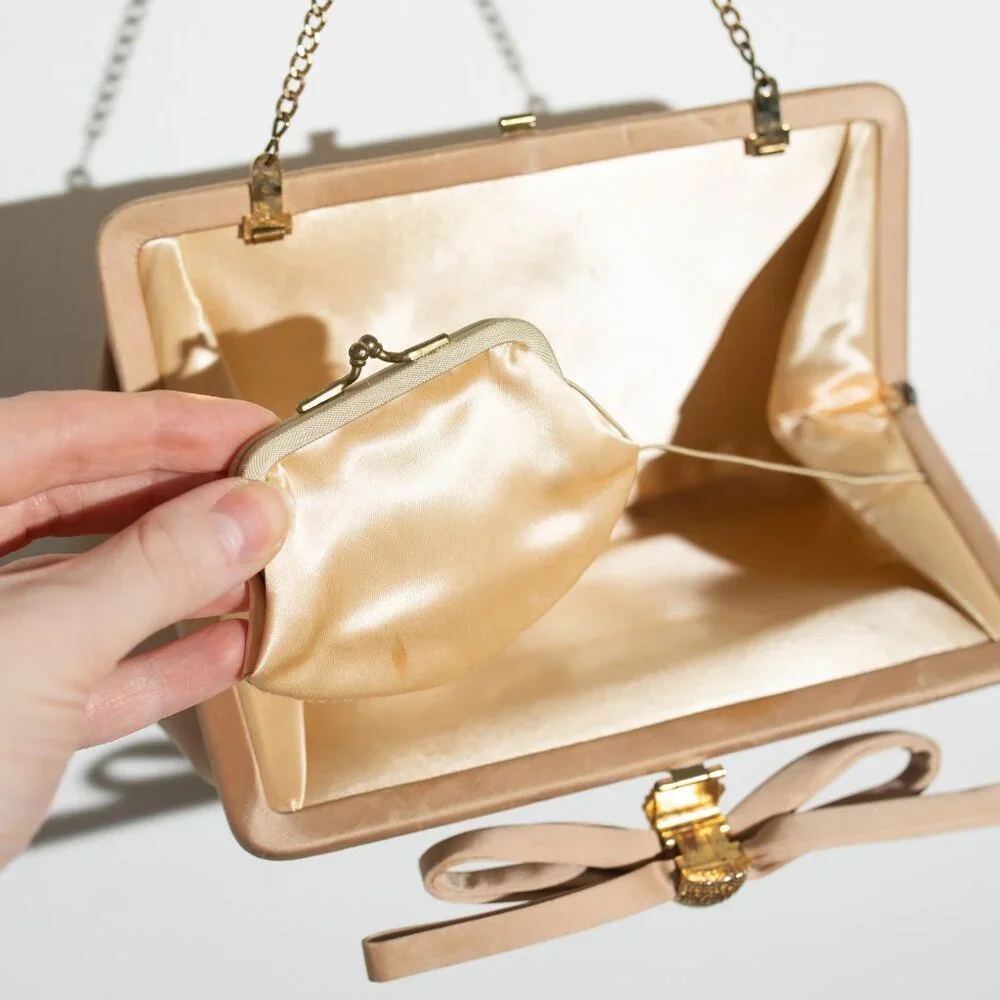 Gold Satin Bow Evening Bag with Chain - Picture 4 of 5